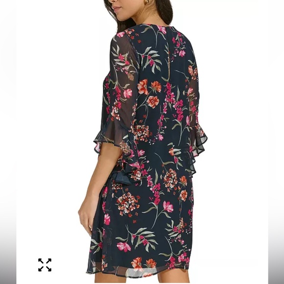 Calvin Klein Dress Size 12 Chiffon Bell Sleeve Black Floral MSRP $119 NWT - Picture 5 of 11